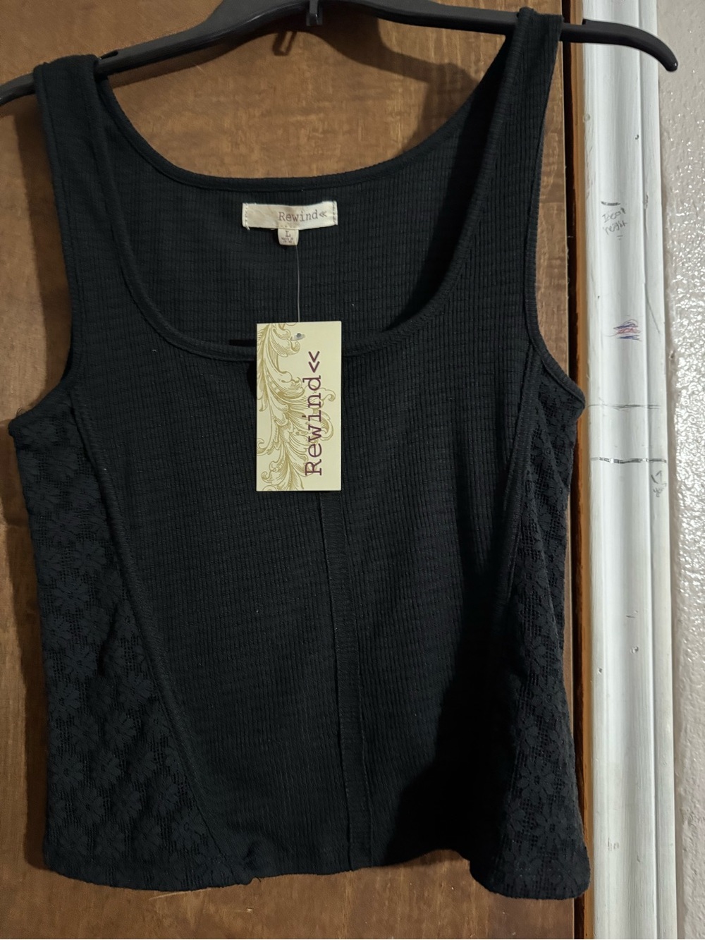 Rewind Black Ribbed Tank with Lace Side Panels